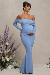 Powder Blue Maternity Ruched Mesh Bardot Maxi Dress